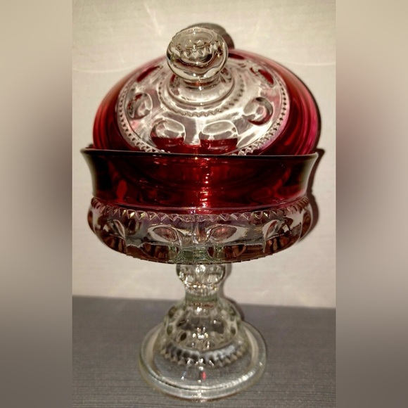 Tiffin-Franciscan Kings Crown Thumbprint Ruby Flashed Lidded Compote Candy Dish - Picture 13 of 13